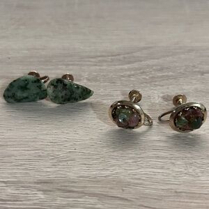Vintage LOT of 2 Gemstone Jade Jadeite Quartz Stone Beaded Earrings